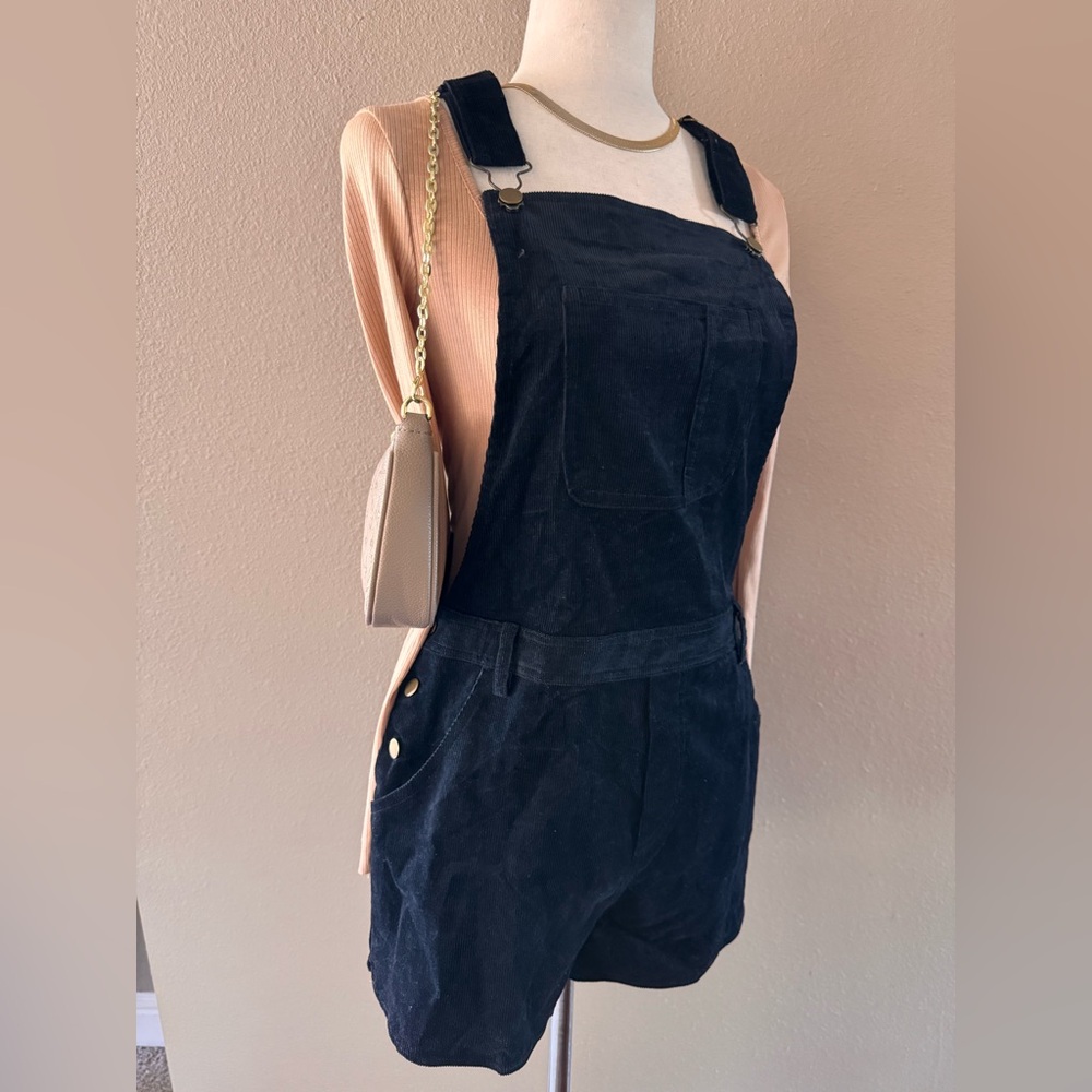 Women's Black Corduroy Short Overalls - Picture 5 of 6